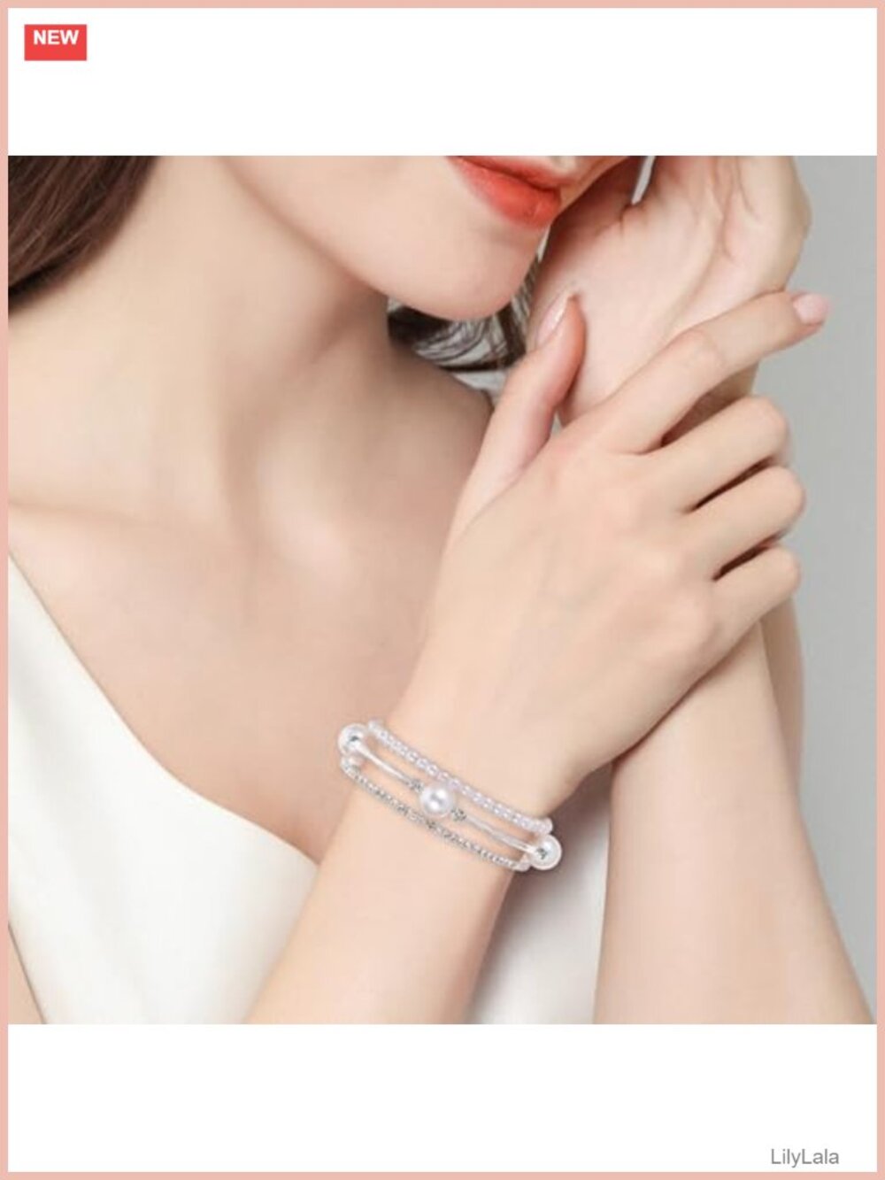 Silver Stretch Pearl Bracelet Stackable Rhinestone Layered Set - Picture 4 of 6
